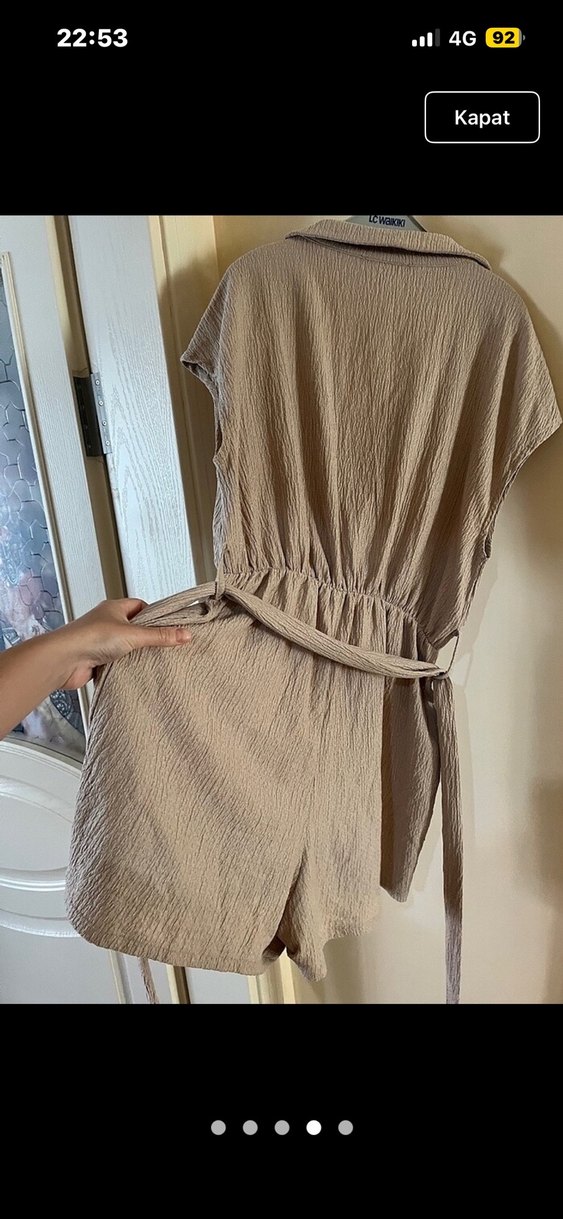 Bej Kısa Keten Tulum, Kemerli, Bol Kesim - Görsel 2