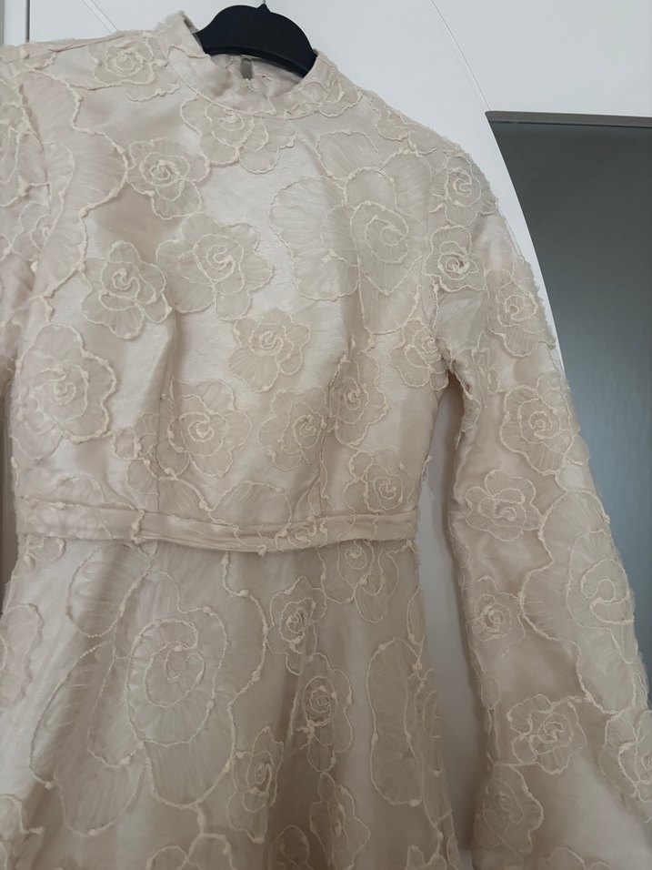 Bej Dantelli Vintage Uzun Abiye Elbise - Görsel 4