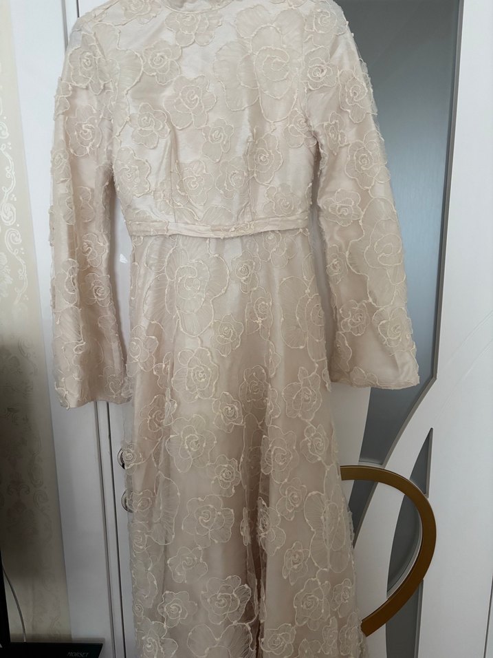 Bej Dantelli Vintage Uzun Abiye Elbise - Görsel 3