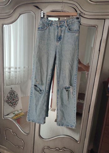 12-13 Yaş Beden mavi Renk mongo Yırtık Detaylı Salaş Kadın Midi Kot Pantolon