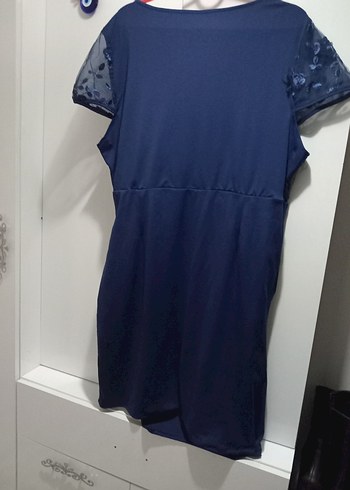 Drapeli Lacivert Midi V Yaka Kadın Elbise - Görsel 2