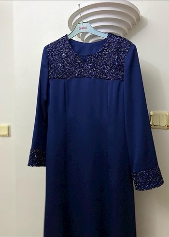 Mavi Parlak Uzun Kollu Kadın Abiye Elbise - Görsel 2