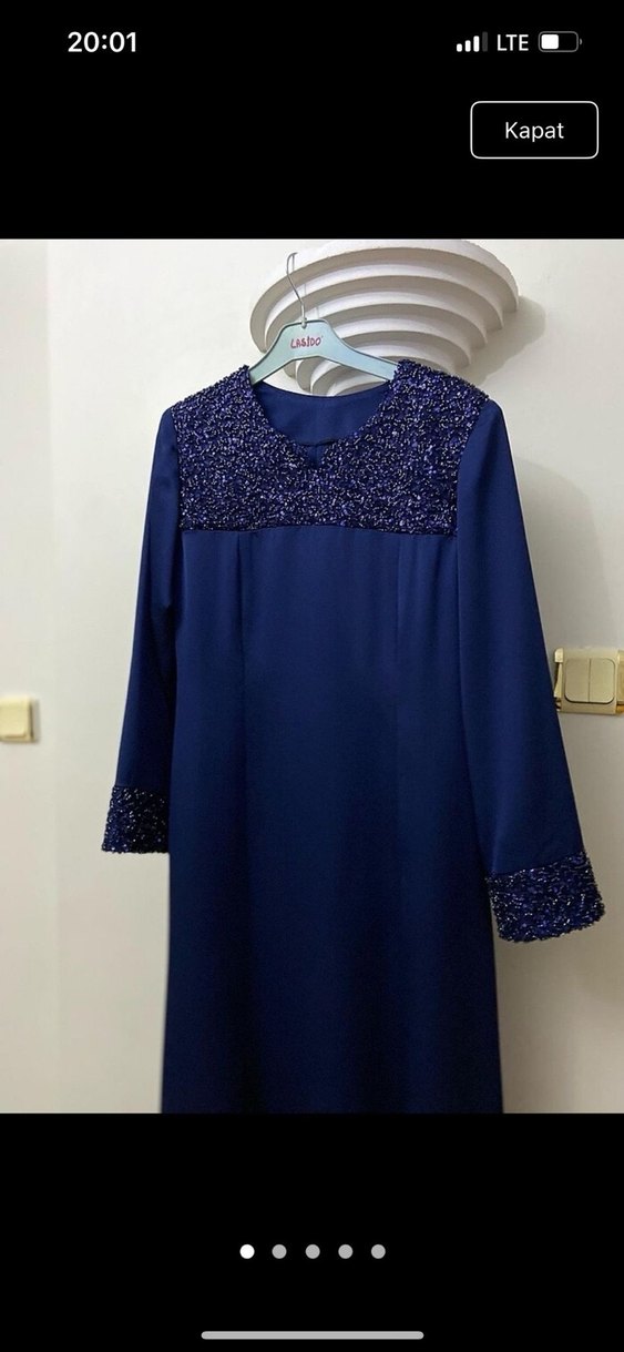 Mavi Parlak Uzun Kollu Kadın Abiye Elbise - Görsel 2