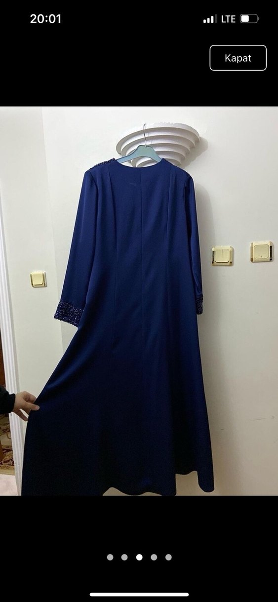 Mavi Parlak Uzun Kollu Kadın Abiye Elbise - Görsel 3