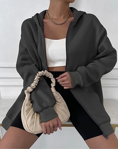 m Beden Kadın Fermuarlı Oversize Sweatshirt