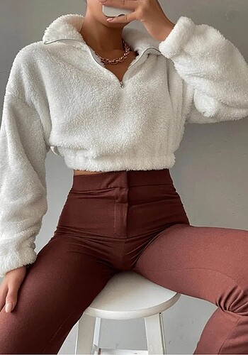Kadın Crop Peluş Sweatshirt