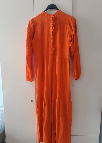Diğer Diger Turuncu Pileli Uzun Elbise