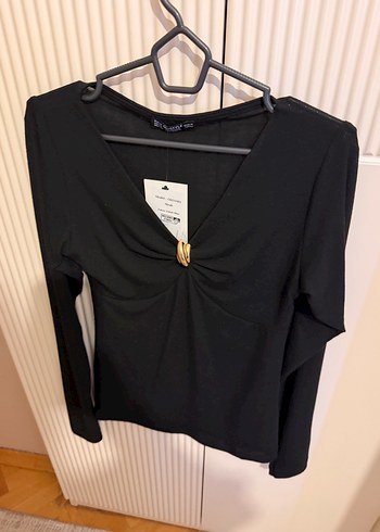 Siyah, V Yaka, Uzun Kollu Kadın Bluz - Görsel 2