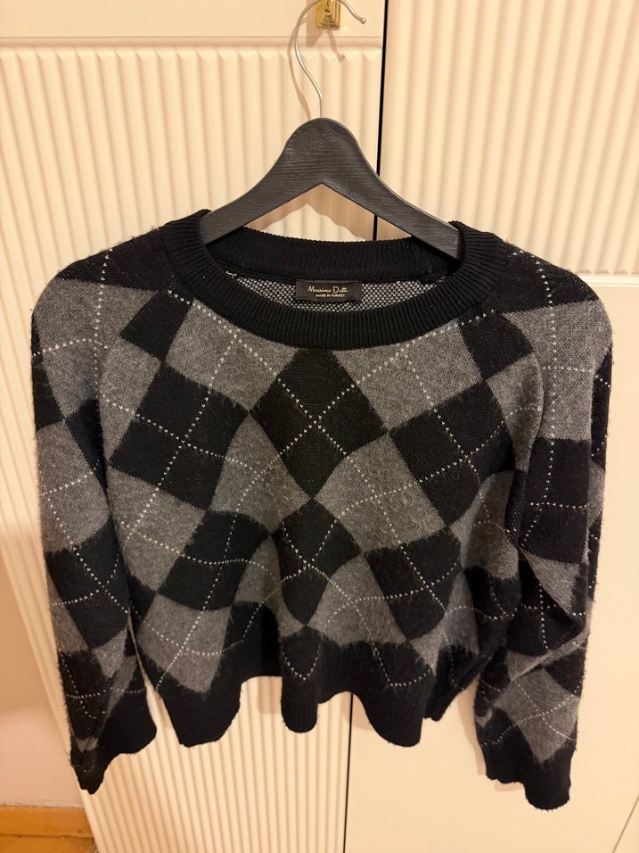 Kadın Gri Ekoseli Yün Kazak - Görsel 2