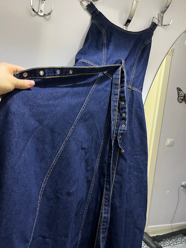 Kadın Lacivert Denim Straplez Midi Tulum - Görsel 2