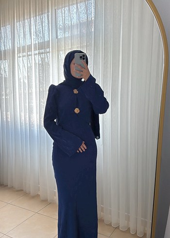 Düğmeli Lacivert Uzun Kadın Elbise