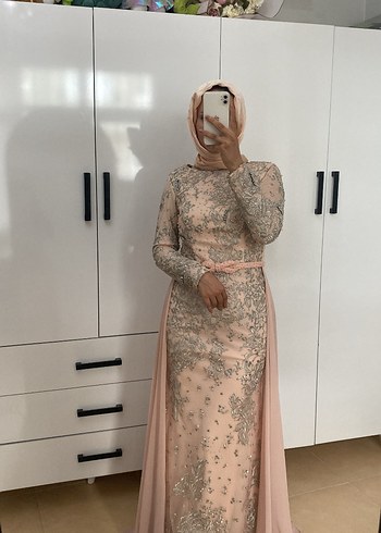 38 Beden İşlemeli Pembe Uzun Abiye Elbise