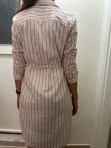 Gömlek yaka keten karışımlı nar çiçeği rengi dokuma elbise - Görsel 6