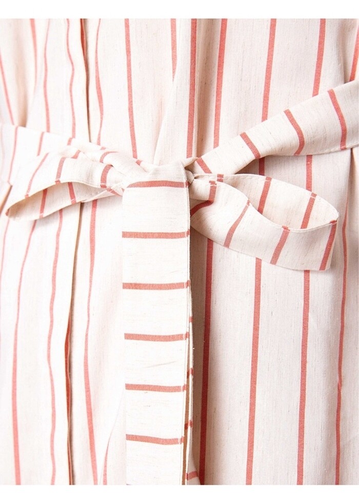 Gömlek yaka keten karışımlı nar çiçeği rengi dokuma elbise - Görsel 4