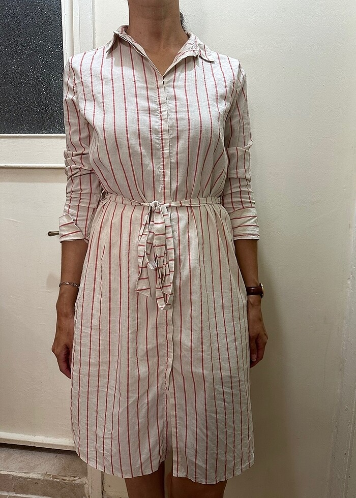 Gömlek yaka keten karışımlı nar çiçeği rengi dokuma elbise - Görsel 5