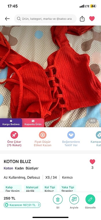 34 Beden kırmızı Renk KOTON ÜST
