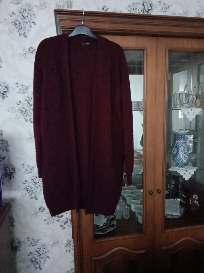 Bordo Örgü akrilik  uzun Kadın Hırka - Görsel 2