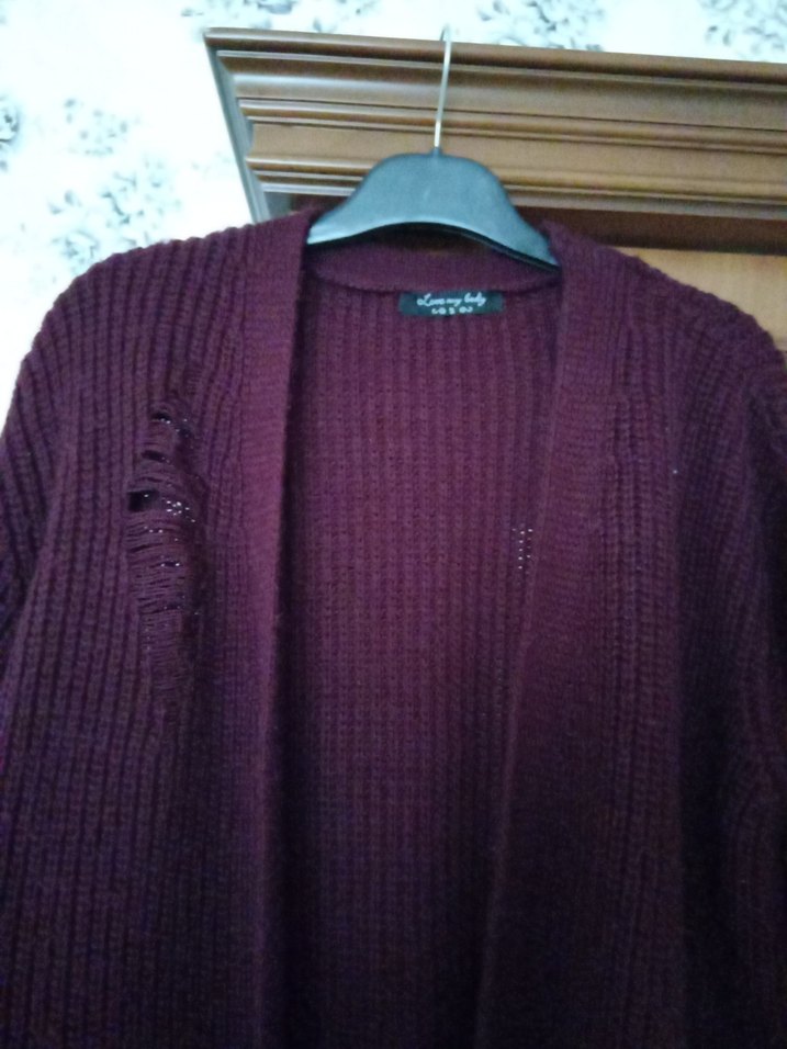 Bordo Örgü akrilik  uzun Kadın Hırka - Görsel 3