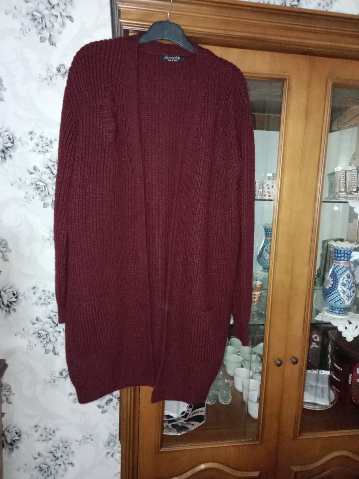 Bordo Örgü akrilik  uzun Kadın Hırka - Görsel 4