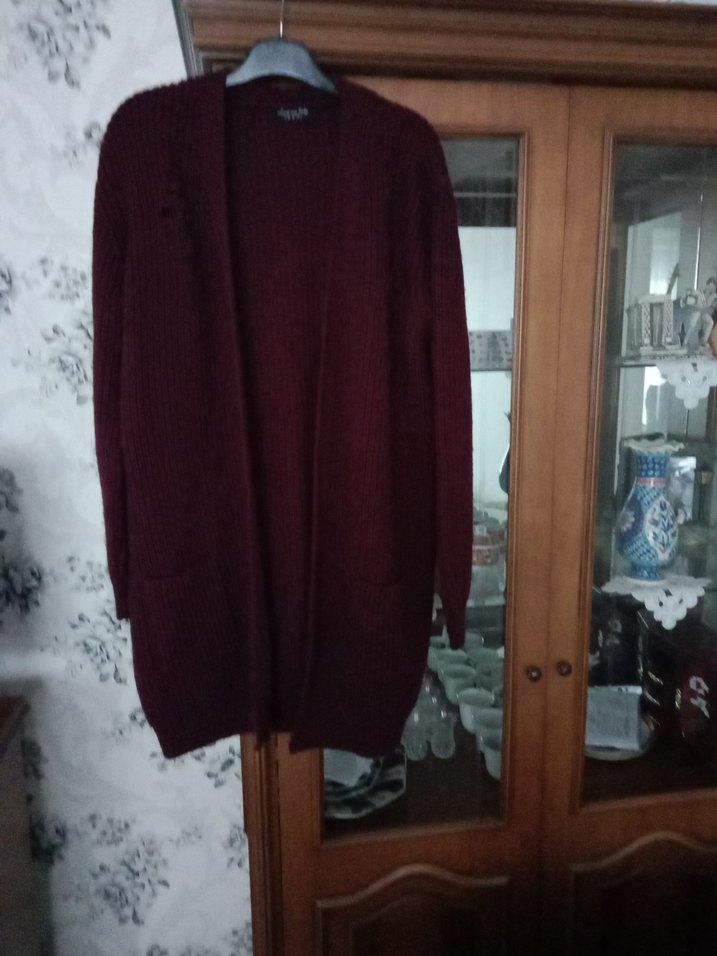 Bordo Örgü akrilik  uzun Kadın Hırka - Görsel 5