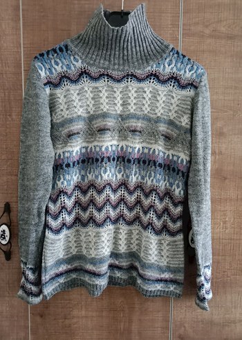 Bohem Gri Desenli Yüksek Yaka Triko Kazak - Görsel 3