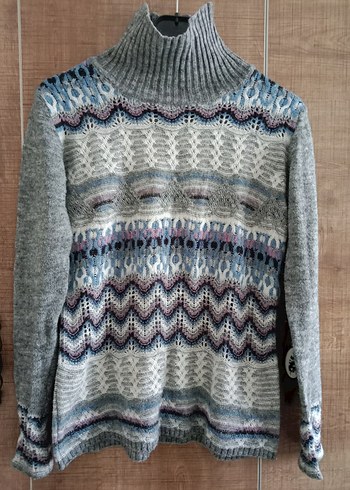 Bohem Gri Desenli Yüksek Yaka Triko Kazak - Görsel 6