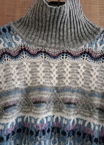 Bohem Gri Desenli Yüksek Yaka Triko Kazak - Görsel 7