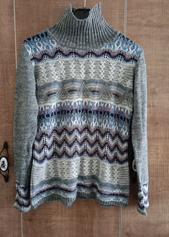 Bohem Gri Desenli Yüksek Yaka Triko Kazak - Görsel 2