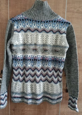 Bohem Gri Desenli Yüksek Yaka Triko Kazak - Görsel 4