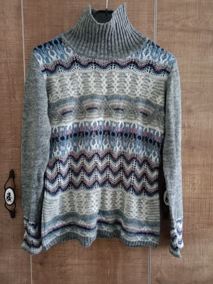 Bohem Gri Desenli Yüksek Yaka Triko Kazak - Görsel 2