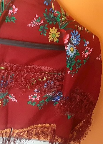 Koyu Kırmızı Çiçek Desenli Bohem Kadın Şal eşarp - Görsel 2