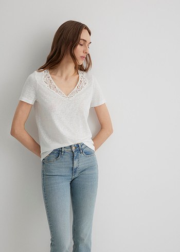 Mavi Jeans Dantel Detaylı Beyaz V Yaka Kadın Tişört