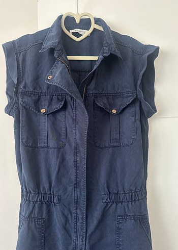 Düğmeli Kolsuz Lacivert Denim Tulum