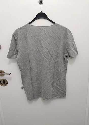 Gri Kısa Kollu Keten Tişört - Görsel 3