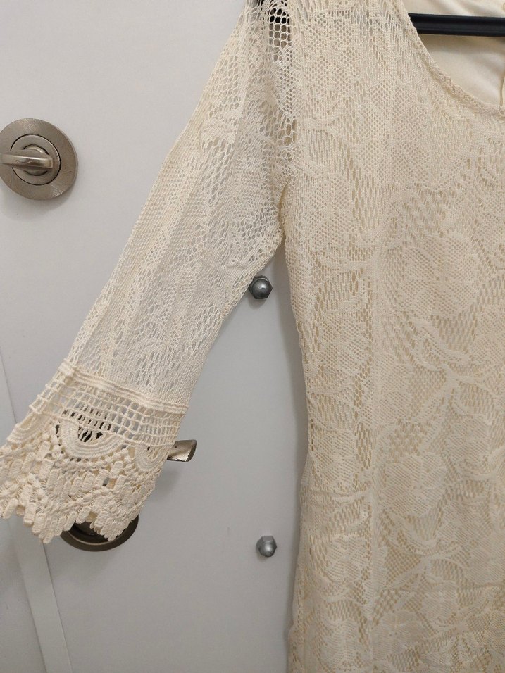 Dantel Detaylı Bej Mini Triko Elbise - Görsel 2