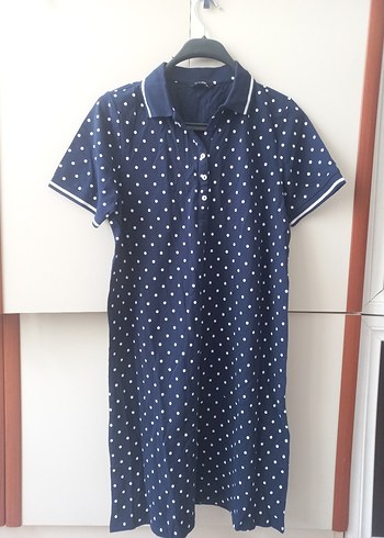 LC Waikiki Lacivert Puantiyeli Düğmeli Midi Elbise
