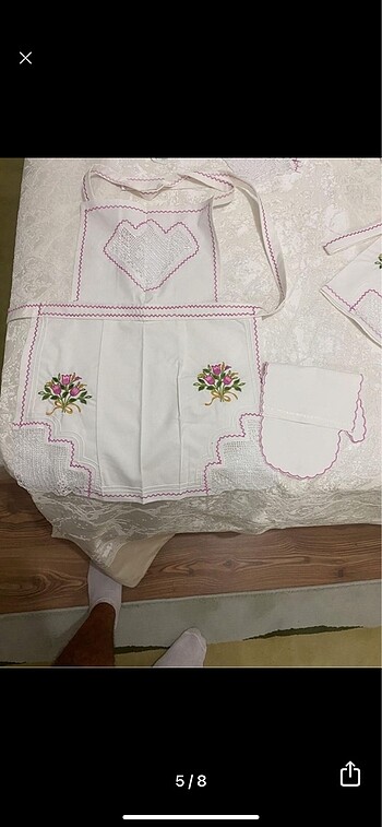 Beden pembe Renk Dantelli kanaviçeli mutfak takımı