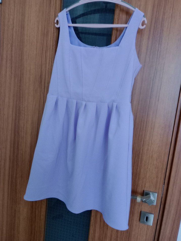 Mavi Midi Elbisesi, Kolsuz, Pileli - Görsel 2