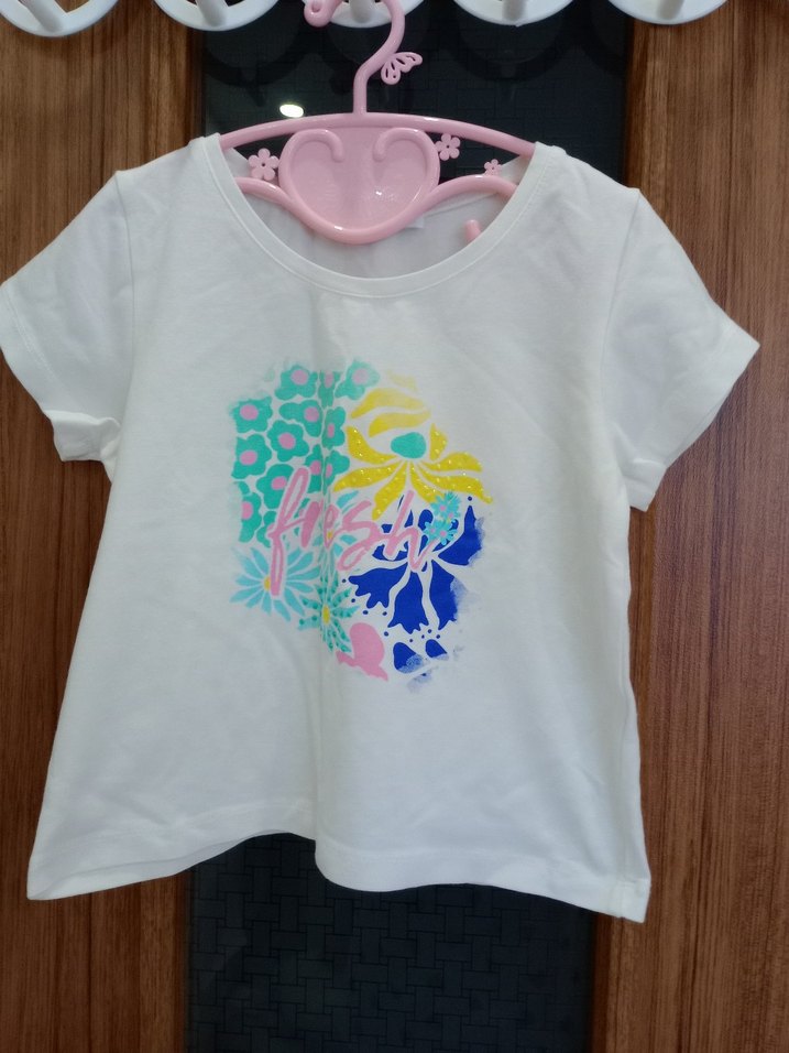 Beyaz Baskılı Kız Tişörtü, Kısa Kollu, Pamuk - Görsel 3
