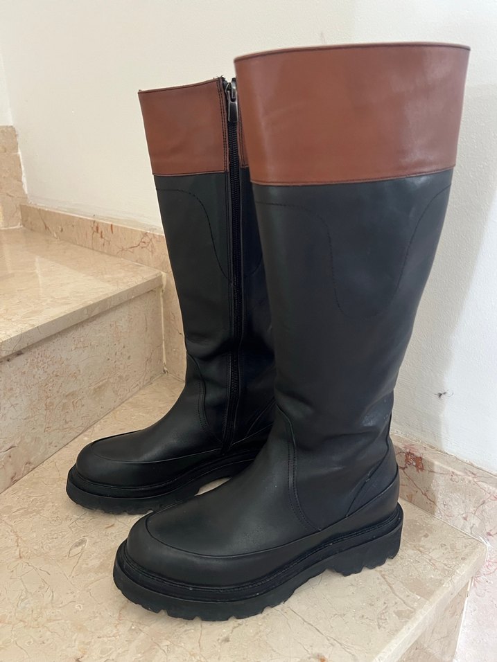 Kahverengi Siyah Deri Kadın çizme - Görsel 2