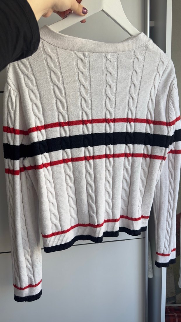 Çizgili Beyaz Kadın Hırka - Görsel 3