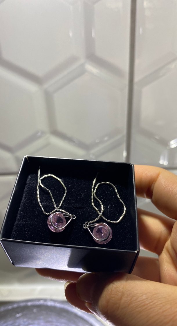 Pembe taşlı su damlacıklı küpeler - Görsel 2