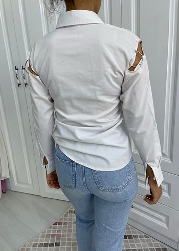 Düğmeli Beyaz Denim Kadın Gömlek
