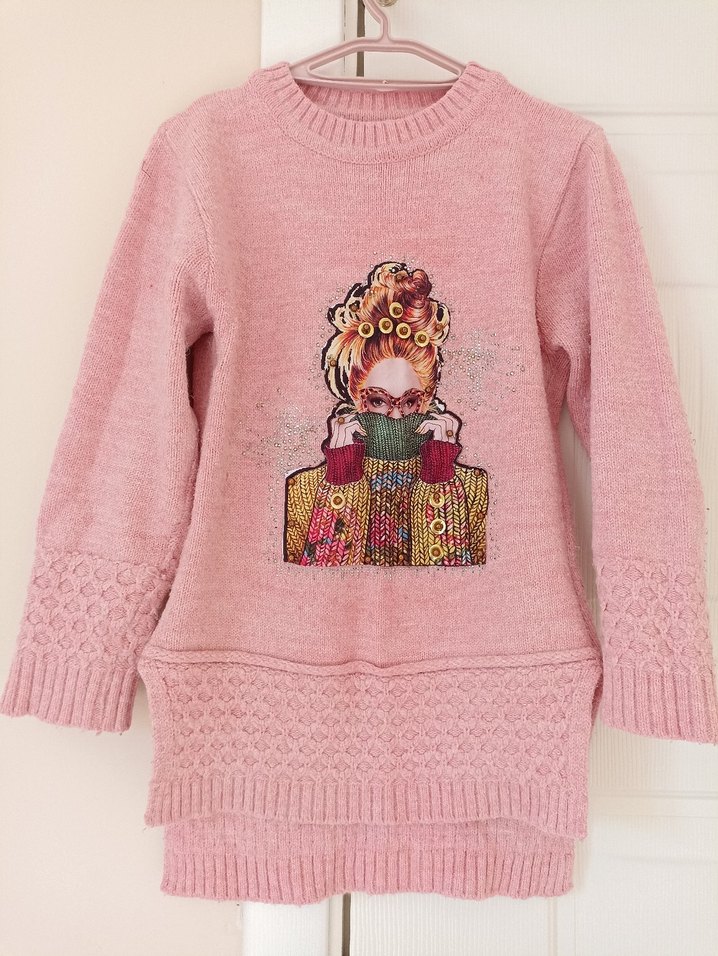 Nakışlı Pembe Triko kız çocuk Kazak - Görsel 2