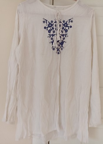 Nakışlı Beyaz Bohem Uzun Kollu Bluz - Görsel 4