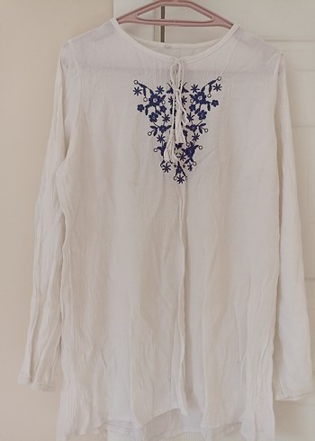 Nakışlı Beyaz Bohem Uzun Kollu Bluz - Görsel 3