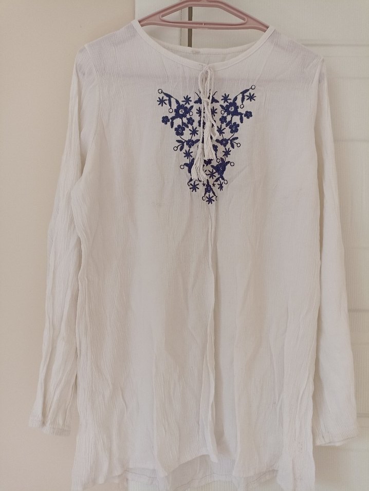 Nakışlı Beyaz Bohem Uzun Kollu Bluz - Görsel 3