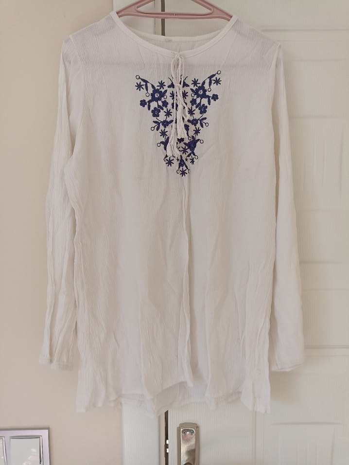 Nakışlı Beyaz Bohem Uzun Kollu Bluz - Görsel 2