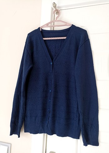 Mavi V Yaka Örgü Kadın Hırka - Görsel 3