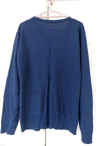 Mavi V Yaka Örgü Kadın Hırka - Görsel 4